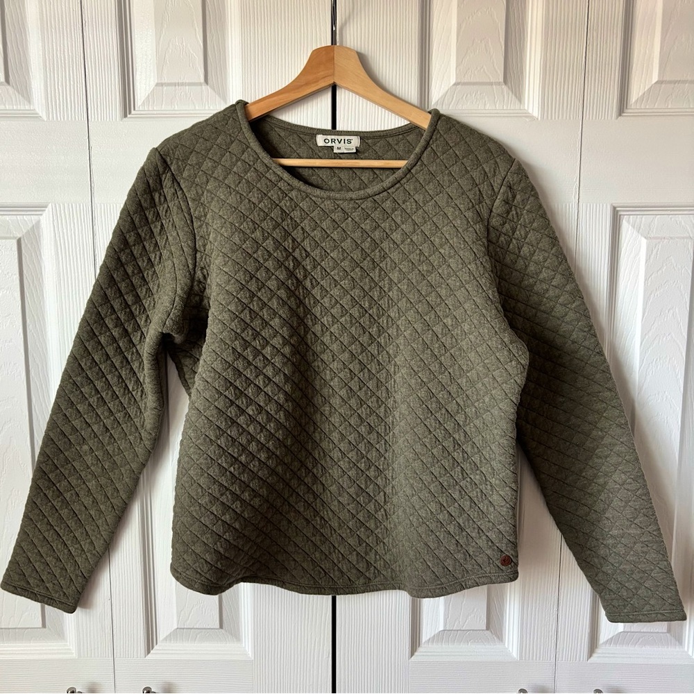 Orvis Sage Green Cozy Quilted Crew Neck Pullover Sweater
